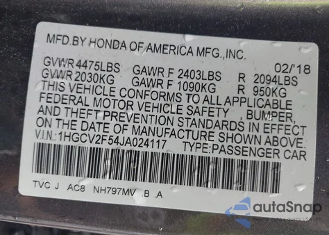 2018 Honda Accord Ex-L 2.0T из США, поврежденный, VIN 1HGCV2F54JA024117